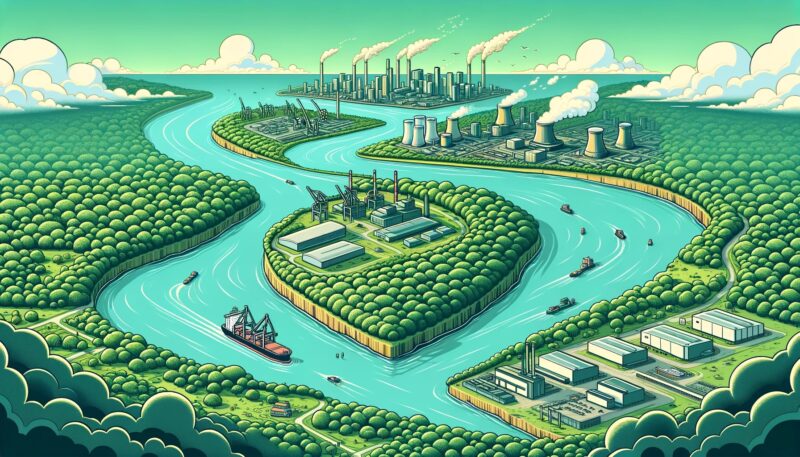 River and a tributary with industry, cartoon style
